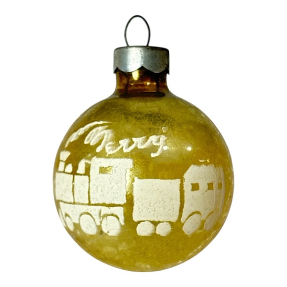 Vtg Shiny Brite Merry Christmas Train Stencil Yellow Unsilvered Glass Ornament - Picture 4 of 6